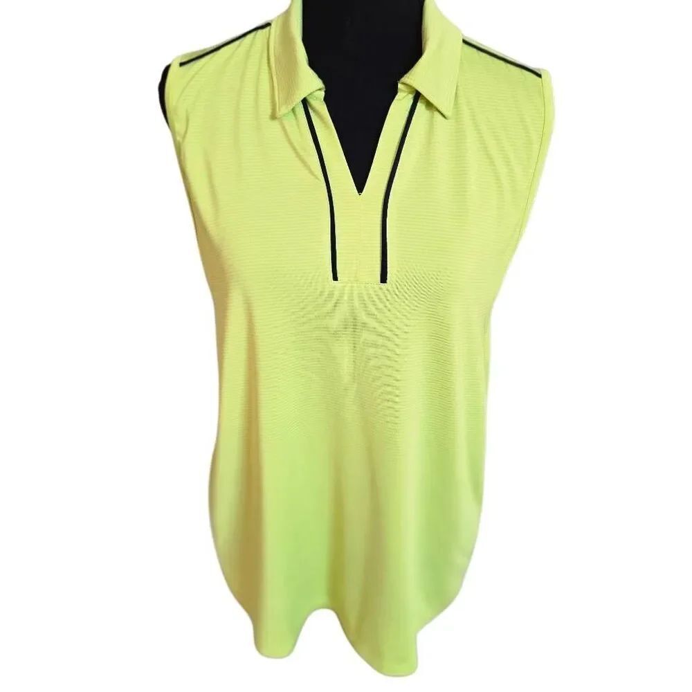 Izod Womens Neon Yellow Striped Sleeveless Golf Polo with Black Trim Size Large